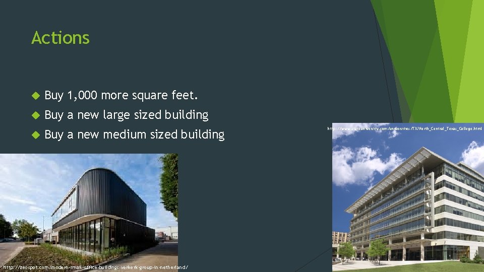 Actions Buy 1, 000 more square feet. Buy a new large sized building Buy