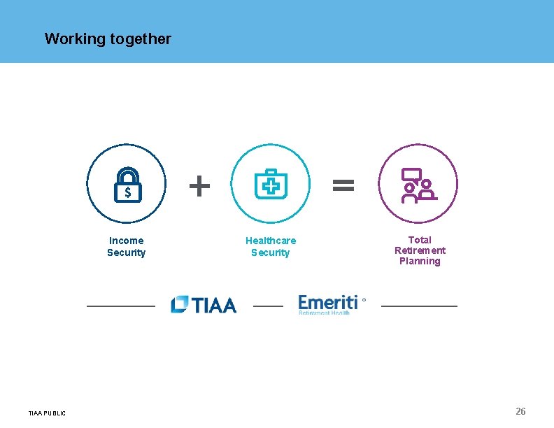 Working together Income Security TIAA PUBLIC Healthcare Security Total Retirement Planning 26 