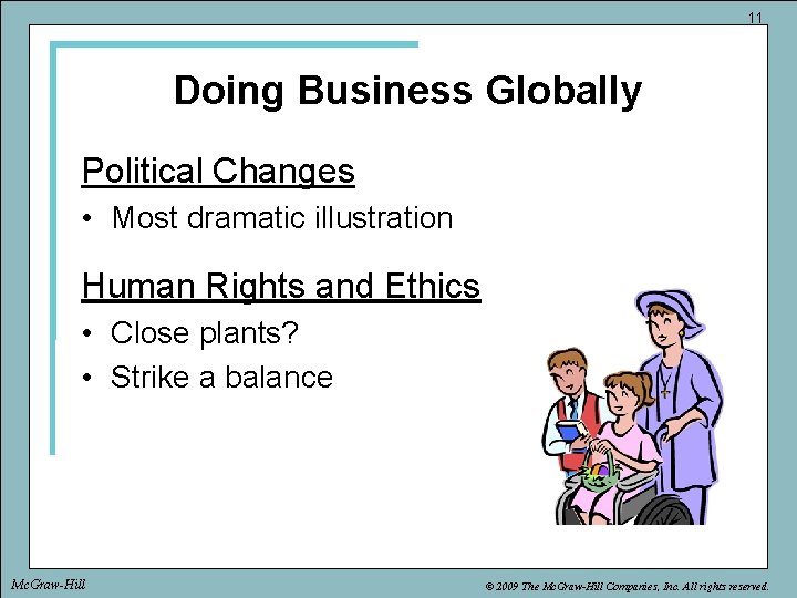 11 Doing Business Globally Political Changes • Most dramatic illustration Human Rights and Ethics