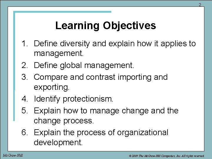 2 Learning Objectives 1. Define diversity and explain how it applies to management. 2.