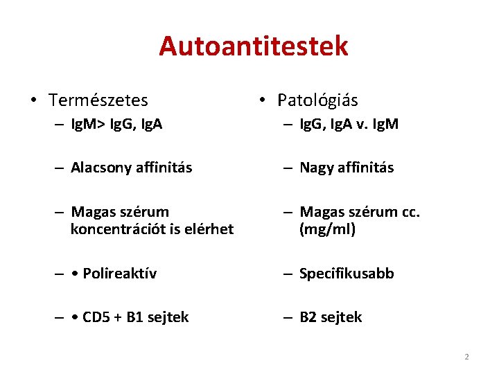 Autoantitestek • Természetes • Patológiás – Ig. M> Ig. G, Ig. A – Ig.
