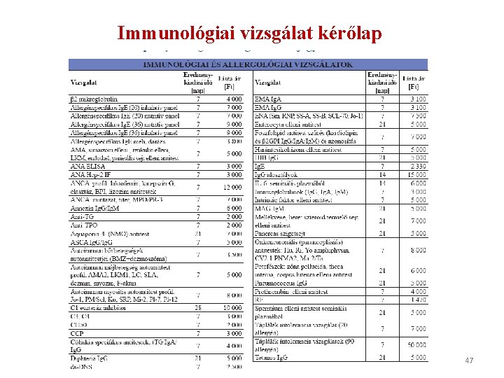 Immunológiai vizsgálat kérőlap 47 