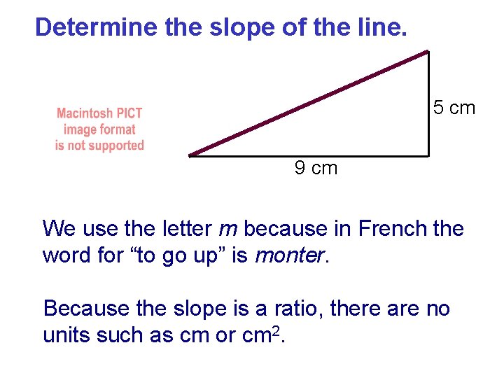 Determine the slope of the line. 5 cm 9 cm We use the letter