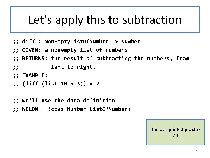 Let's apply this to subtraction ; ; ; diff : Non. Empty. List. Of.