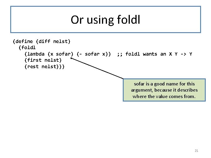 Or using foldl (define (diff nelst) (foldl (lambda (x sofar) (- sofar x)) (first