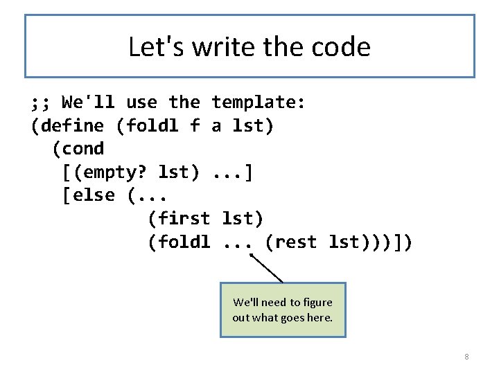 Let's write the code ; ; We'll use the template: (define (foldl f a