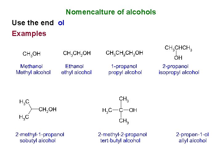 Nomencalture of alcohols Use the end ol Examples Nomencalture of alcohols Use the end ol Examples