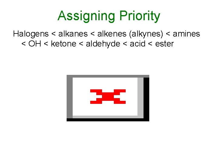 Assigning Priority Halogens < alkanes < alkenes (alkynes) < amines < OH < ketone Assigning Priority Halogens < alkanes < alkenes (alkynes) < amines < OH < ketone