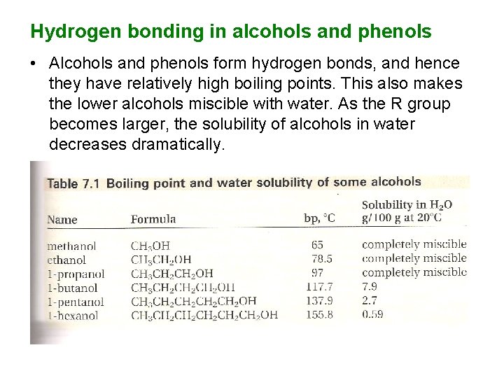 Hydrogen bonding in alcohols and phenols • Alcohols and phenols form hydrogen bonds, and Hydrogen bonding in alcohols and phenols • Alcohols and phenols form hydrogen bonds, and