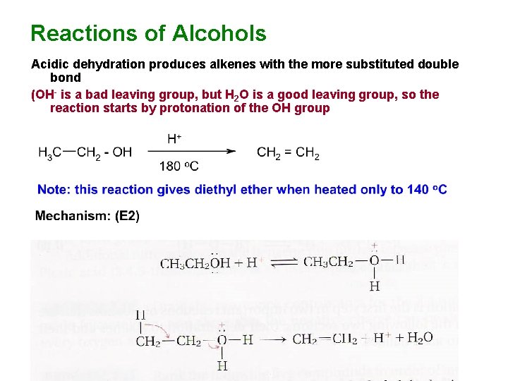 Reactions of Alcohols Acidic dehydration produces alkenes with the more substituted double bond (OH- Reactions of Alcohols Acidic dehydration produces alkenes with the more substituted double bond (OH-