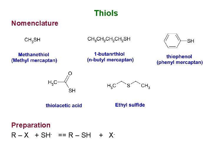 Thiols Nomenclature Preparation R – X + SH- == R – SH + X- Thiols Nomenclature Preparation R – X + SH- == R – SH + X-