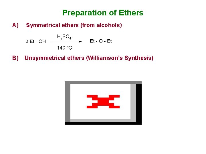 Preparation of Ethers A) Symmetrical ethers (from alcohols) B) Unsymmetrical ethers (Williamson’s Synthesis) Preparation of Ethers A) Symmetrical ethers (from alcohols) B) Unsymmetrical ethers (Williamson’s Synthesis)