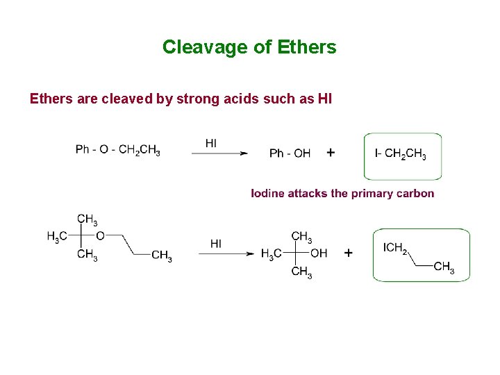 Cleavage of Ethers are cleaved by strong acids such as HI Cleavage of Ethers are cleaved by strong acids such as HI