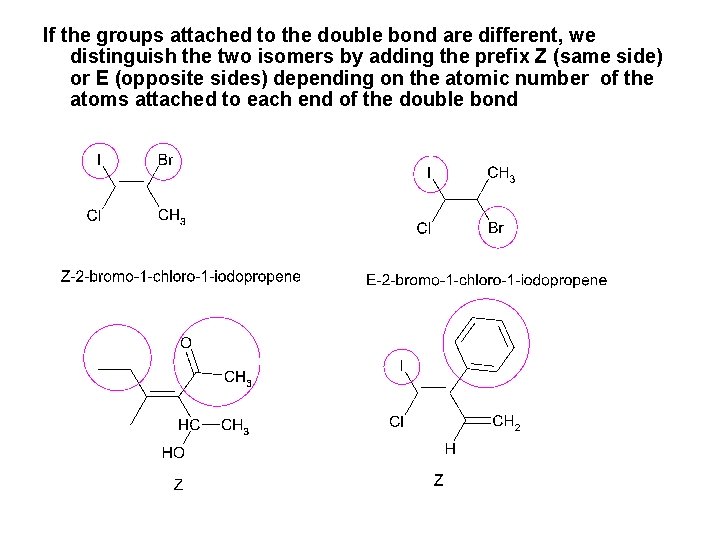 If the groups attached to the double bond are different, we distinguish the two If the groups attached to the double bond are different, we distinguish the two