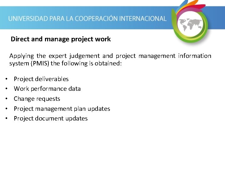 Direct and manage project work Applying the expert judgement and project management information system