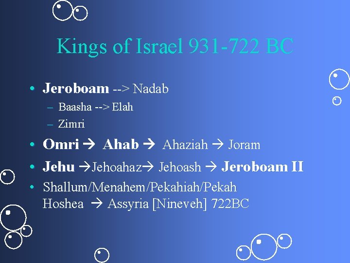 Kings of Israel 931 -722 BC • Jeroboam --> Nadab – Baasha --> Elah
