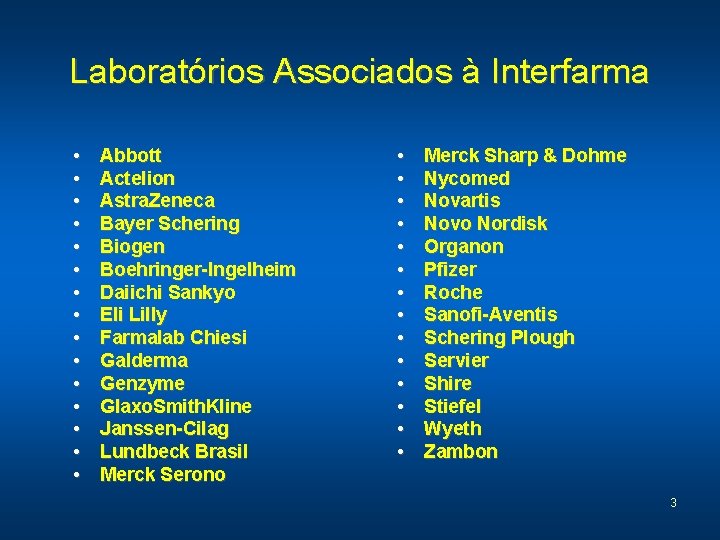 Laboratórios Associados à Interfarma • • • • Abbott Actelion Astra. Zeneca Bayer Schering