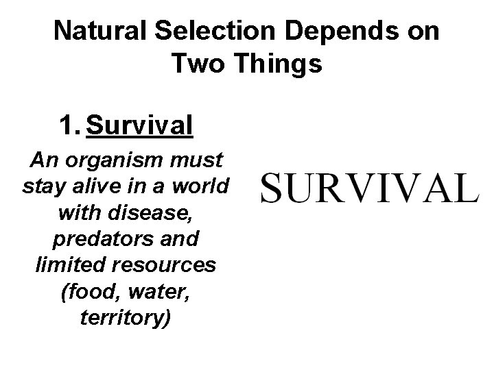 Natural Selection Depends on Two Things 1. Survival An organism must stay alive in