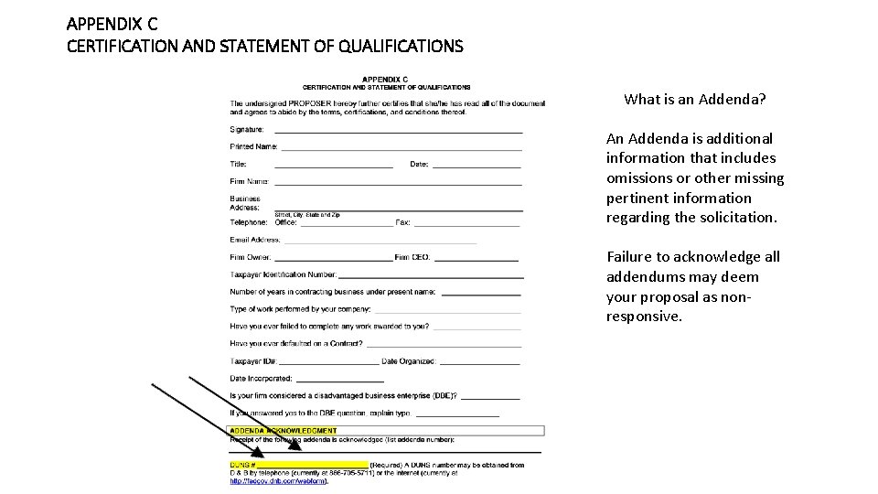 APPENDIX C CERTIFICATION AND STATEMENT OF QUALIFICATIONS What is an Addenda? An Addenda is