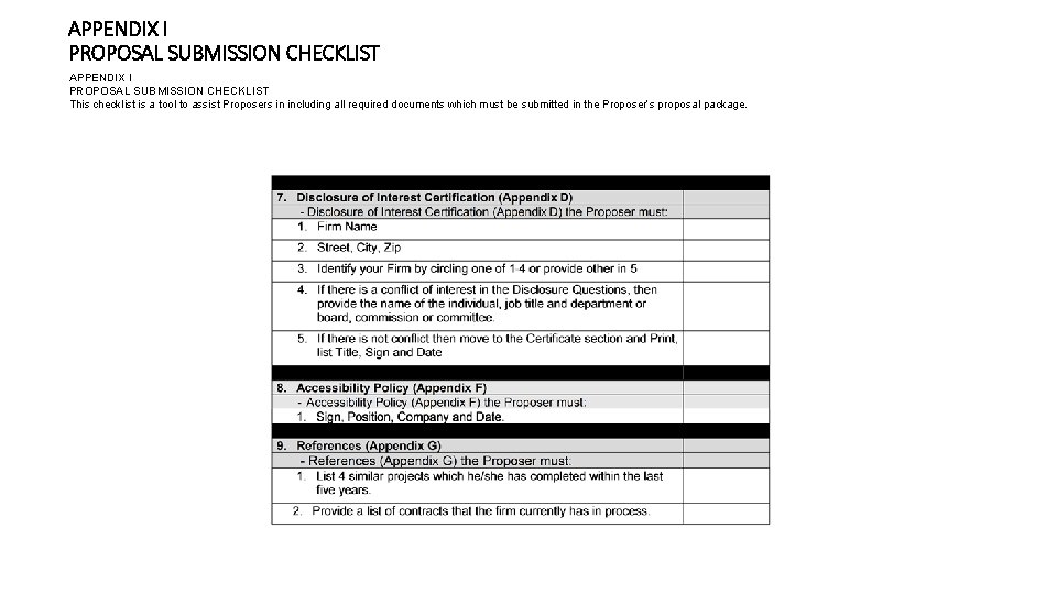 APPENDIX I PROPOSAL SUBMISSION CHECKLIST This checklist is a tool to assist Proposers in