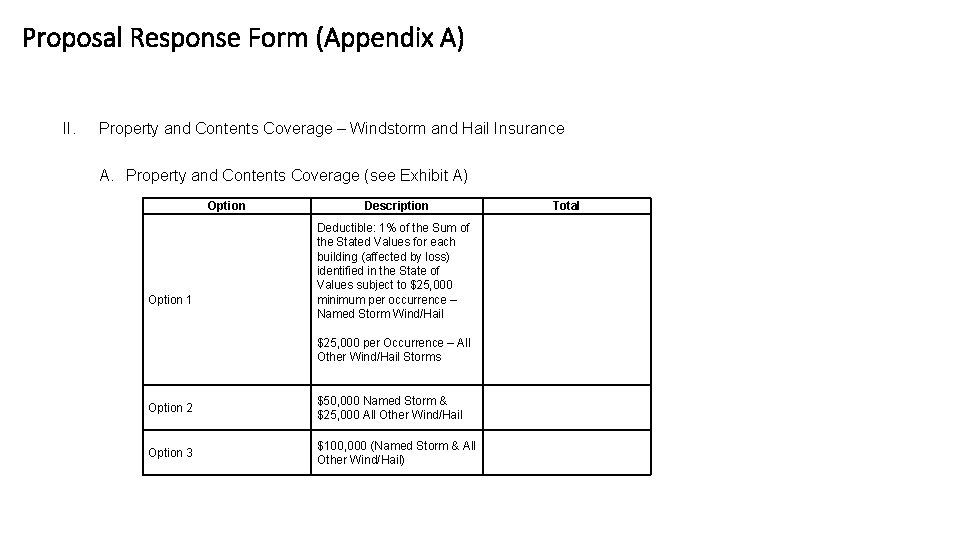 Proposal Response Form (Appendix A) II. Property and Contents Coverage – Windstorm and Hail