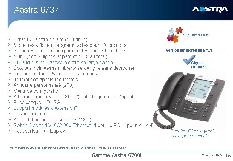 Aastra 6737 i Ecran LCD rétro-éclairé (11 lignes) 6 touches afficheur programmables pour 10