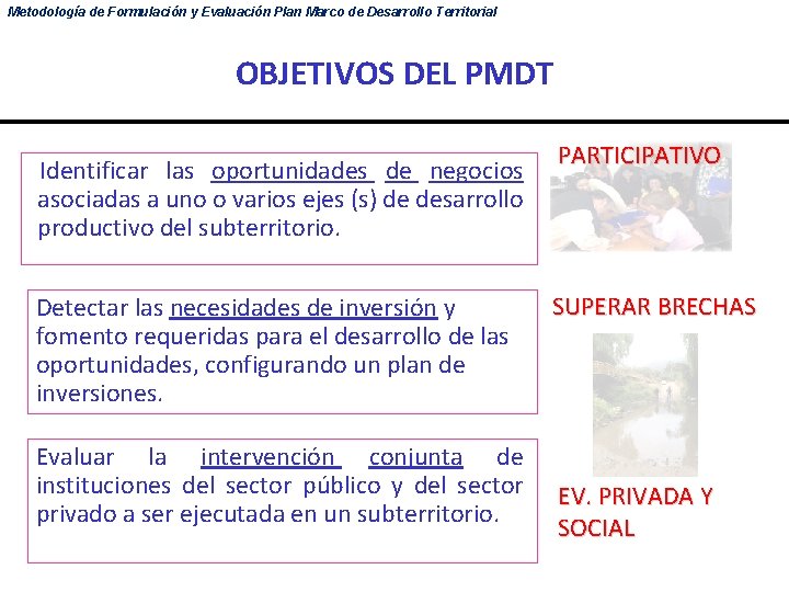 Metodología de Formulación y Evaluación Plan Marco de Desarrollo Territorial OBJETIVOS DEL PMDT Identificar