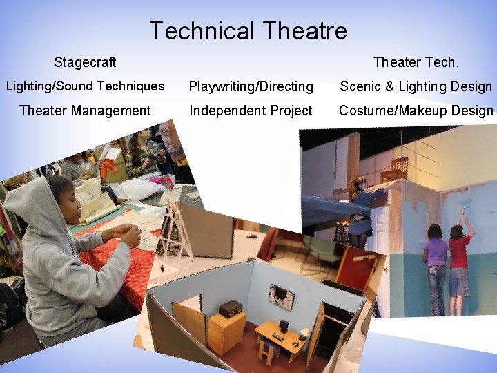 Technical Theatre Stagecraft Theater Tech. Lighting/Sound Techniques Playwriting/Directing Scenic & Lighting Design Theater Management
