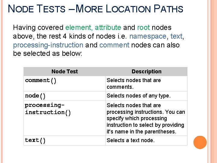 NODE TESTS – MORE LOCATION PATHS Having covered element, attribute and root nodes above,