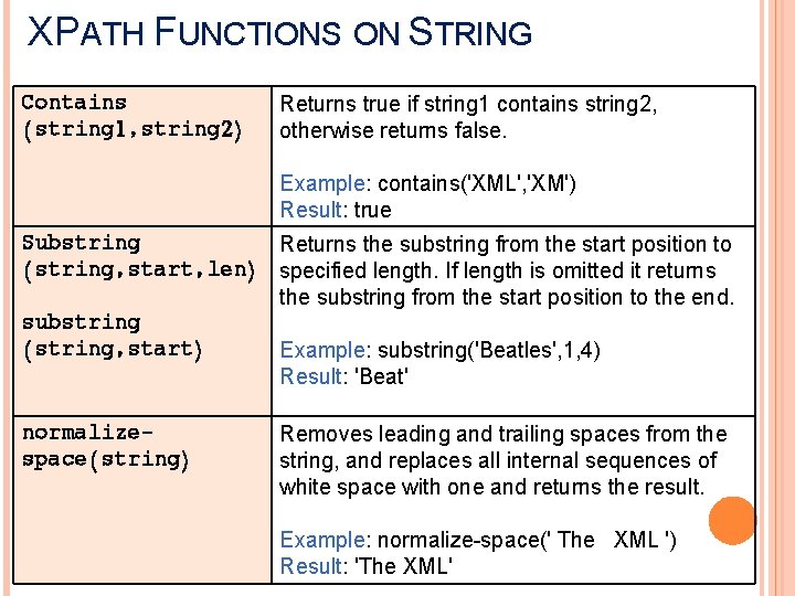 XPATH FUNCTIONS ON STRING Contains (string 1, string 2) Returns true if string 1