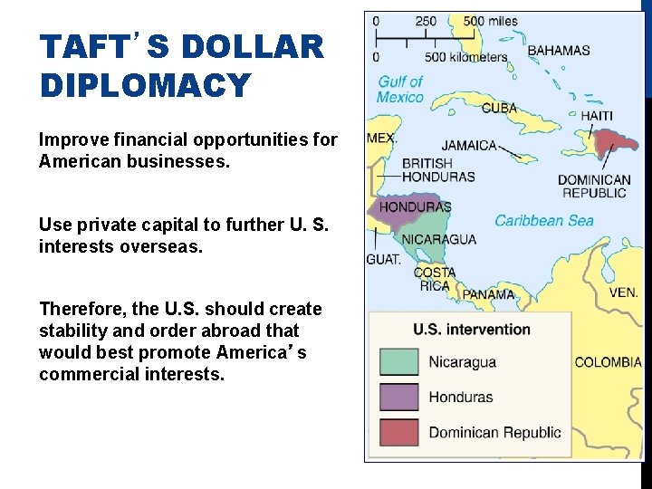 TAFT’S DOLLAR DIPLOMACY Improve financial opportunities for American businesses. Use private capital to further