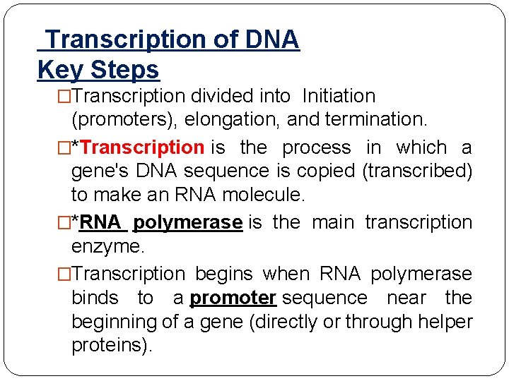 Transcription of DNA Key Steps �Transcription divided into Initiation (promoters), elongation, and termination. �*Transcription