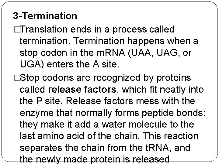 3 -Termination �Translation ends in a process called termination. Termination happens when a stop