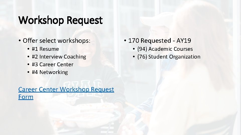 Workshop Request • Offer select workshops: • • #1 Resume #2 Interview Coaching #3