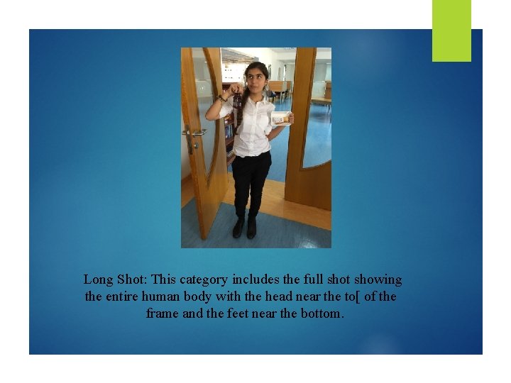 Long Shot: This category includes the full shot showing the entire human body with