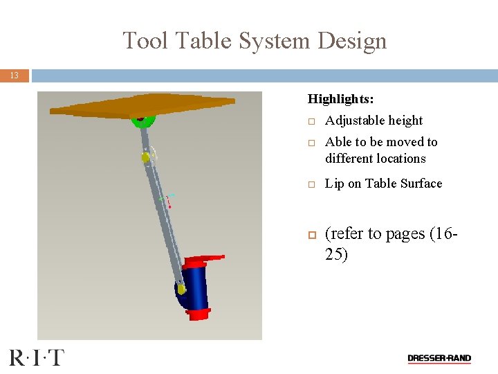 Tool Table System Design 13 Highlights: Adjustable height Able to be moved to different