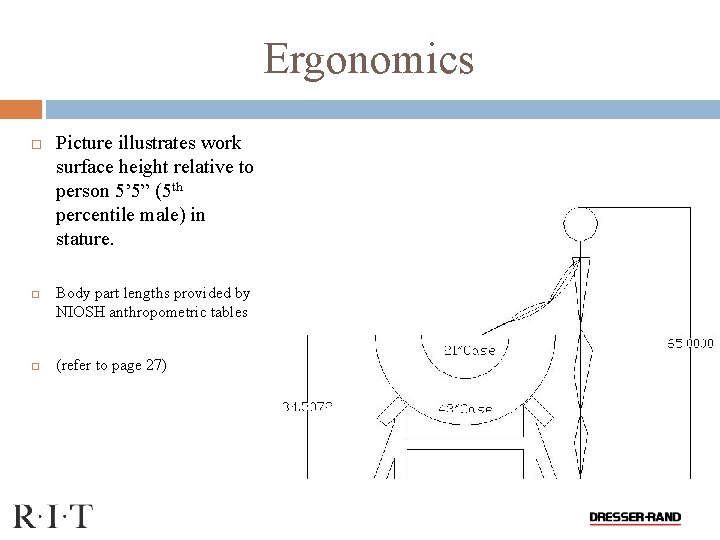 Ergonomics Picture illustrates work surface height relative to person 5’ 5” (5 th percentile