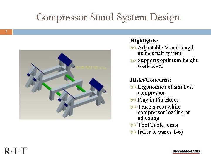 Compressor Stand System Design 7 Highlights: Adjustable V and length using track system Supports