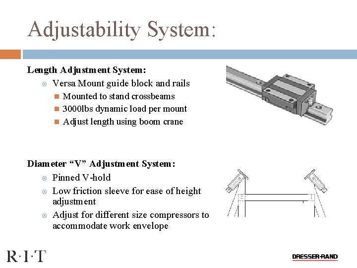 Adjustability System: Length Adjustment System: Versa Mount guide block and rails Mounted to stand