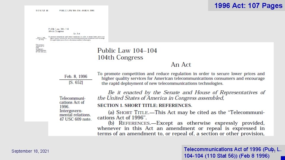 1996 Act: 107 Pages September 18, 2021 Telecommunications Act of 1996 (Pub. 11 L.