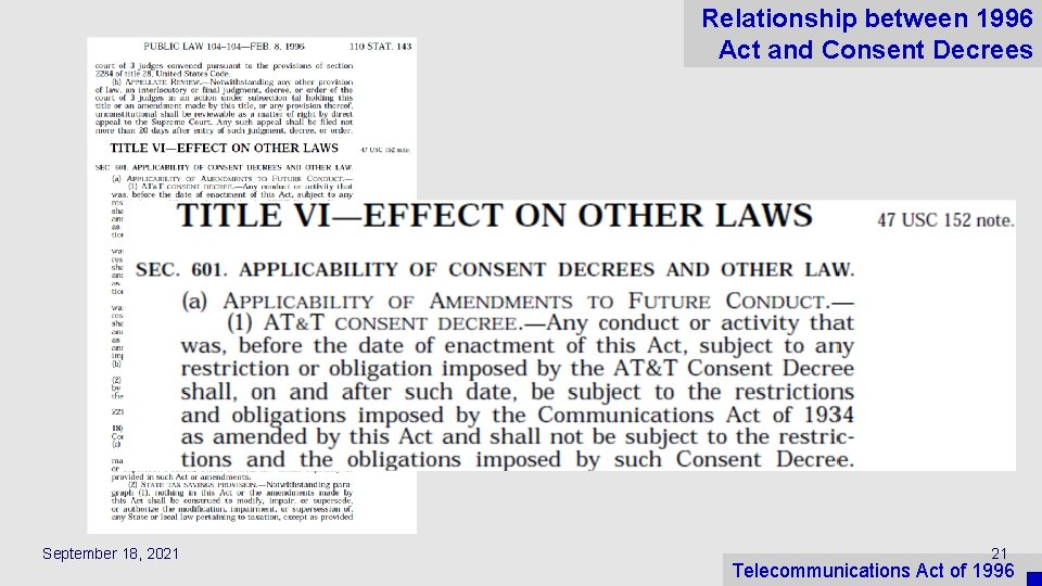 Relationship between 1996 Act and Consent Decrees September 18, 2021 21 Telecommunications Act of