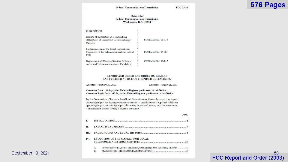 576 Pages September 18, 2021 58 FCC Report and Order (2003) 