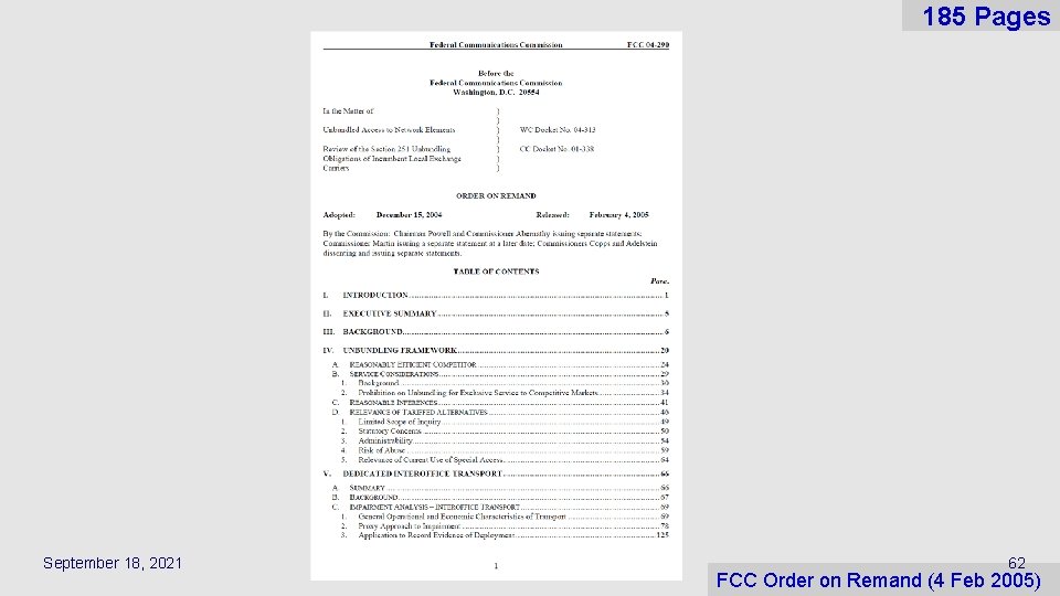 185 Pages September 18, 2021 62 FCC Order on Remand (4 Feb 2005) 