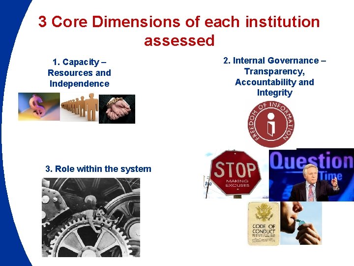 3 Core Dimensions of each institution assessed 1. Capacity – Resources and Independence 3.