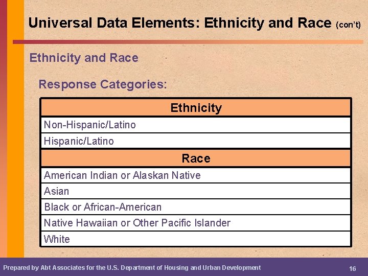 Universal Data Elements: Ethnicity and Race (con’t) Ethnicity and Race Response Categories: Ethnicity Non-Hispanic/Latino