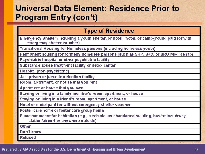Universal Data Element: Residence Prior to Program Entry (con’t) Type of Residence Emergency Shelter