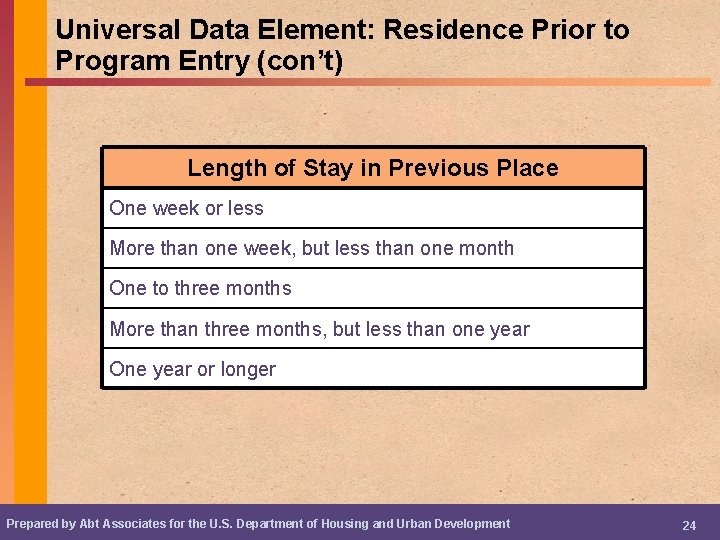 Universal Data Element: Residence Prior to Program Entry (con’t) Length of Stay in Previous