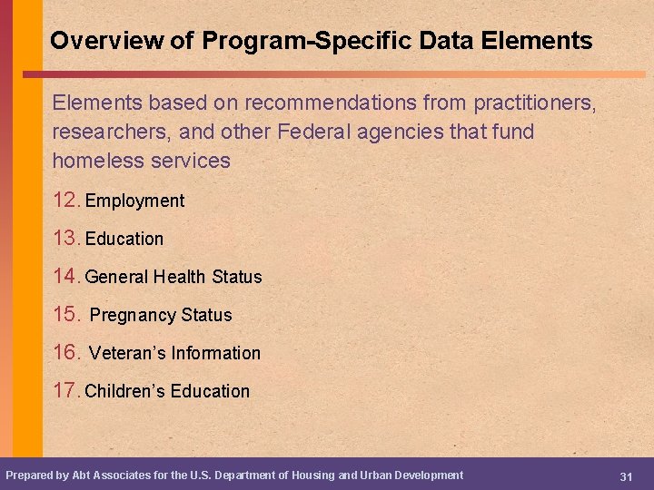 Overview of Program-Specific Data Elements based on recommendations from practitioners, researchers, and other Federal