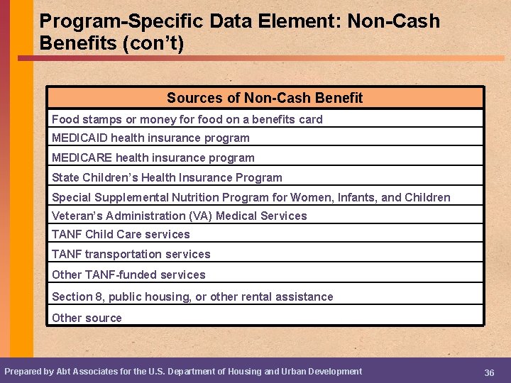 Program-Specific Data Element: Non-Cash Benefits (con’t) Sources of Non-Cash Benefit Food stamps or money