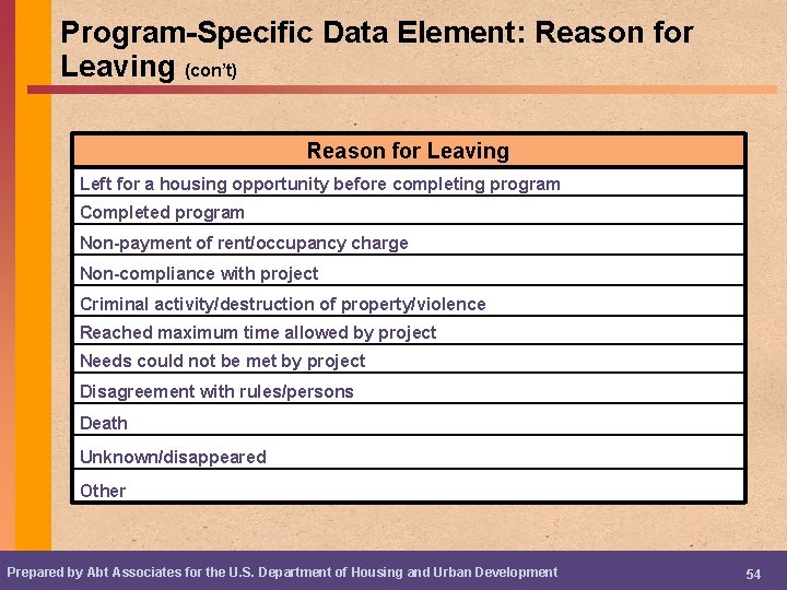 Program-Specific Data Element: Reason for Leaving (con’t) Reason for Leaving Left for a housing